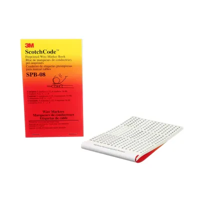 3M™ ScotchCode™ Pre-Printed Wire Marker Books SPB contain printed vinyl coated cloth wire and terminal markers withclearly printed letters, numbers and industry-standard legends.