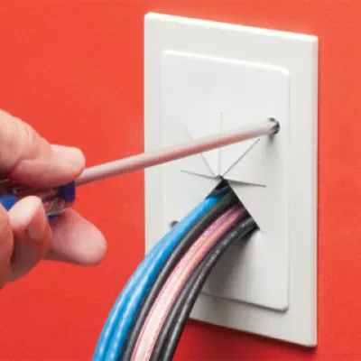 Cable entry bracket with slotted cover. White. Installs with 3-1/2 hole saw. Fits wall thicknesses from 1/4" to 1-1/2"