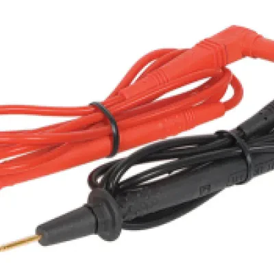 39 IN (1 m) long flexible silicon insulated wire.     Right-angle meter plugs.     Comfort-grip over molded probes.     Gold plated tips for low contact resistance.     Set of 2 le...