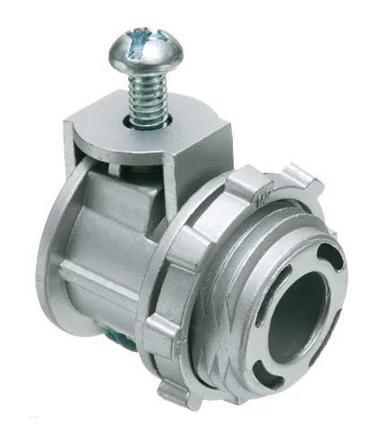 Zinc die-cast, 1/2" knockout saddle-type connector with spring set screw for securing aluminum and steel cable. Secures into knockout with a zinc die-cast. Concrete tight when tape...
