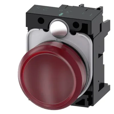 Indicator light, 22mm, round, plastic, red, smooth lens, with holder, led module, with integrated led 230V AC, screw terminal