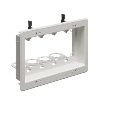 Recessed low voltage mounting bracket for old or new construction. Designed to install low voltage class 2 wiring only. White Paintable. Four Gang.