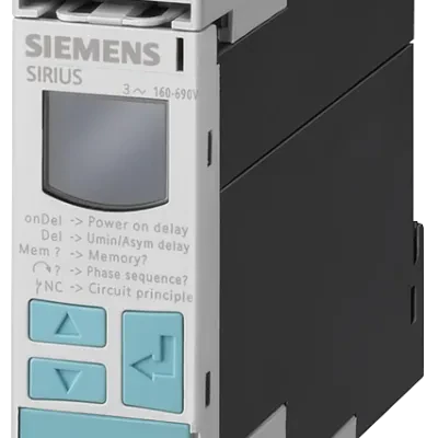 For three-phase supply voltage aut. correction of phase sequ. phase failure 3x 160 to 690 V AC 50 to 60 HZ under and ocervolt. 160-690 v hysteresis 1-20 v switch-off delay 0-20 s 1...