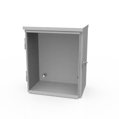 12x6x10 Hinge Cover Type 3R UL Listed Steel Knockouts ANSI 61 Gray Back Panel Weld Studs Drip Shield Emboss Mounting Holes in Back Padlocking Draw Latch Quad D Knockout for Lock