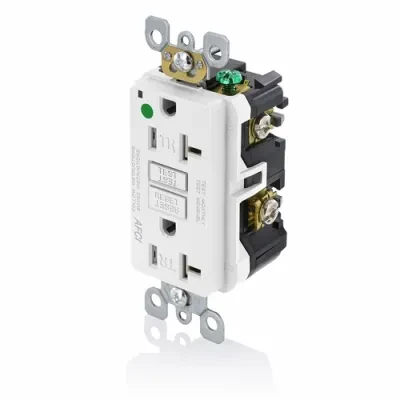 20 Amp. 125 Volt. 20 Amp Feed-Through. Hospital Grade. Tamper-Resistant. AFCI Receptacle. Monochromatic. Back and side wired. Nylon wallplate included. Screws and self grounding cl...