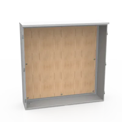 48x12x48 Hinge Cover Type 3R UL Listed Steel No Knockouts  ANSI 61 Gray Double Doors Wood Back Board Installed Handle on Right Padlocking 3PT Handle Unistrut Installed