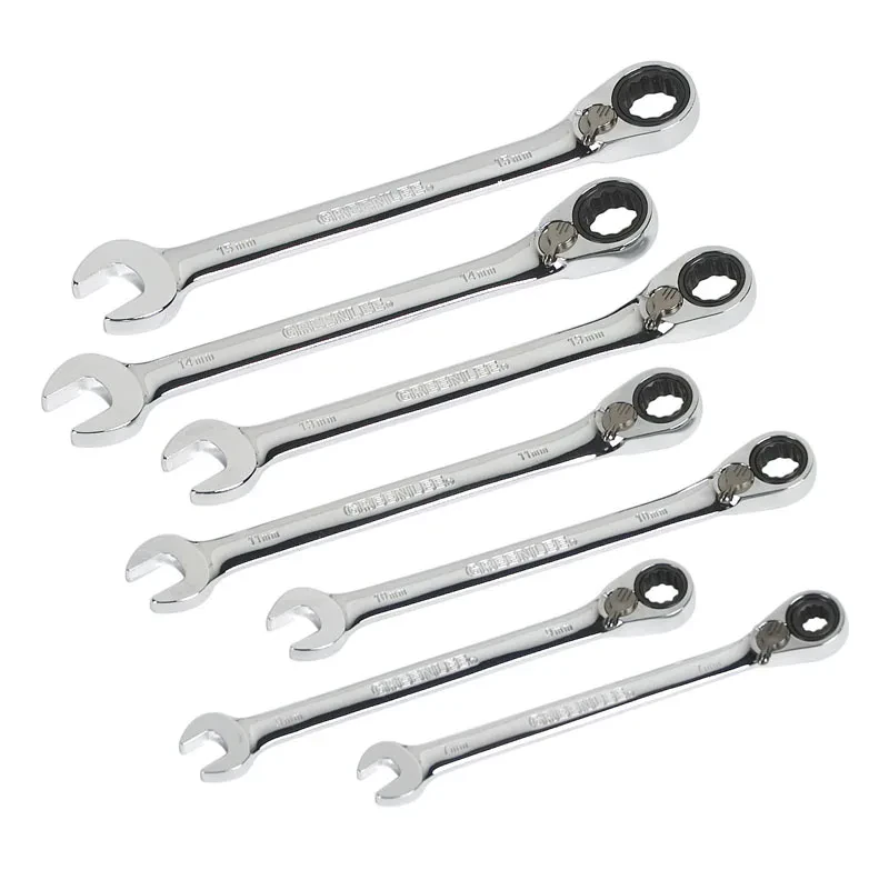 Wrench Set, Ratchet 7 Piece Metric.  Compact reversible switch allows a 15° offset of the box end for clearance of obstacles.  5° ratcheting design for versatility and ease of use...