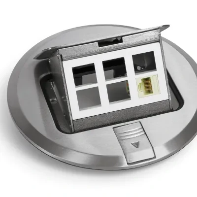 Pop Up Floor Plate, 6 outlets, Stainless Steel material, 6 in. Size, Gray, Scrub Water Tight construction, Floor Mount, including a 6-Communication/Data Ports