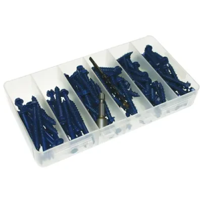 Concrete Screw, 1-1/4, 1-3/4, 2-1/4, 3/16 in. Size, Hex head, Blue head color, Slotted drive type, 1 per pack, 1/4, 3-1/2 in. diameter, (50) 1/4 in. × 1-1/4 IN, (35) 1/4 in. × 1-3/...