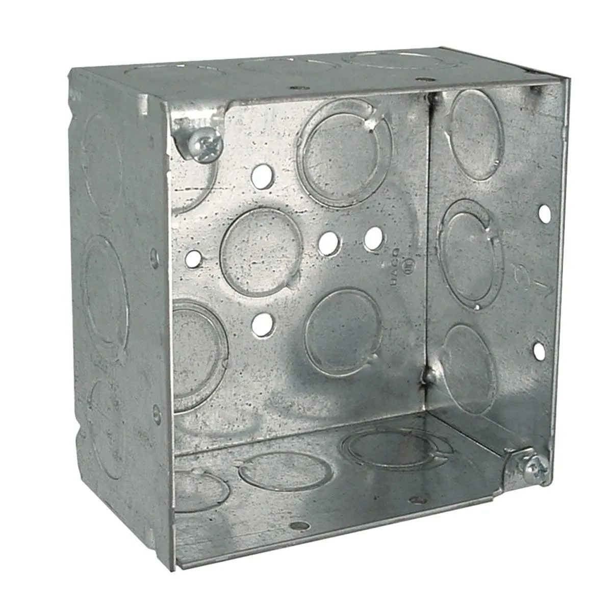 4 in. Square Box, Welded, 2-1/8 in. Deep, Ten 1/2 in KO's & Six TKO's, Raised Ground.