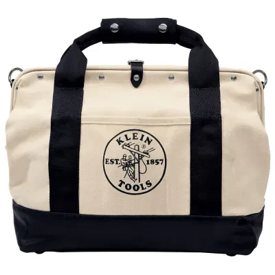 Tool Bag, Canvas with Leather Bottom, 11 Pockets, 18-Inch, Tool bag with steel frame mouth with hinge for rugged use