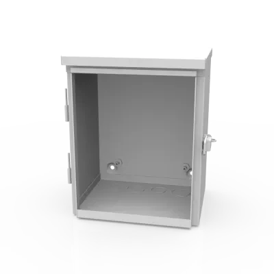 10x6x8 Hinge Cover Type 3R UL Listed Steel Knockouts ANSI 61 Gray Back Panel Weld Studs Drip Shield Emboss Mounting Holes in Back Padlocking Draw Latch Quad D Knockout for Lock
