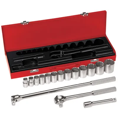 1/2-Inch Drive Socket Wrench Set, 16-Piece, Thirteen 12-point sockets: 7/16-Inch, 1/2-Inch, 9/16-Inch, 5/8-Inch, 11/16-Inch, 3/4-Inch, 13/16-Inch, 7/8-Inch, 15/16-Inch, 1-Inch, 1-1...