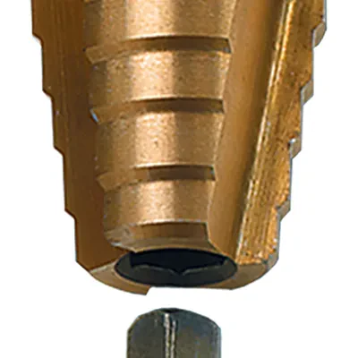 Tip Bit, 5 drill stages, 9/16 in. minimum drill diameter, 7/8 in. maximum drill diameter, M2 High Speed Steel material, Cobalt Titanium Coated finish, 7/8 in. Size, 1/4 in. shank d...