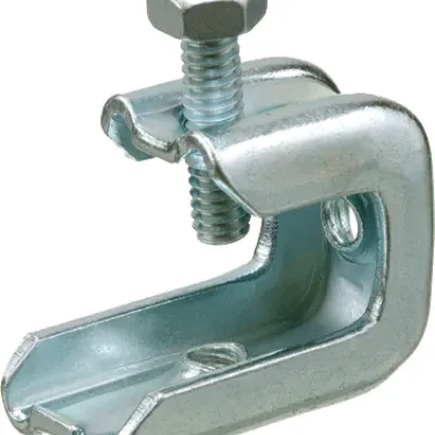 Beam Clamp. Plated Steel. 3/8 threaded rod size. Static Load rating 200lbs.