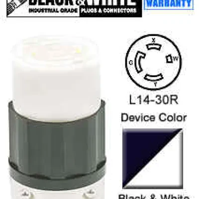 30 Amp, 125/250 Volt, NEMA L14-30R, 3P, 4W, Locking Connector, Industrial Grade, Grounding - Black-White