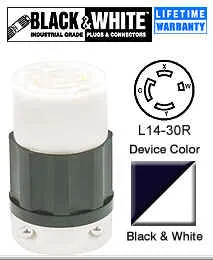 30 Amp, 125/250 Volt, NEMA L14-30R, 3P, 4W, Locking Connector, Industrial Grade, Grounding - Black-White