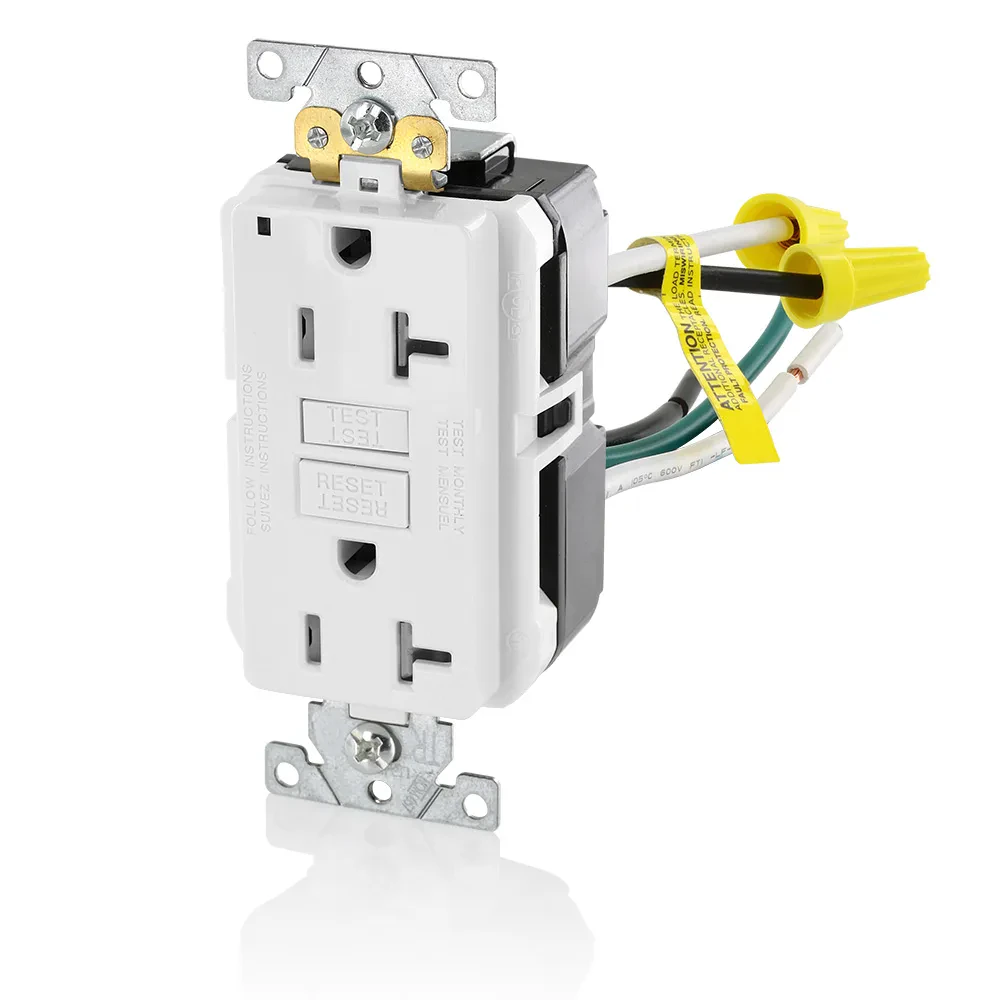 20 Amp, 125 Volt, SmartlockPro Slim Self-Test GFCI Leaded Receptacle, Extra-Heavy Duty Industrial Grade, NEMA 5-20R, 2P, 3W, Tamper-Resistant, Pigtail Leads 6 Inch Wired - WHITE