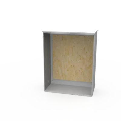 30x11x24 Hinge Cover Type 3R UL Listed Steel Knockouts  ANSI 61 Gray Wood Back Board Installed Padlocking Draw Latch Wall Mount