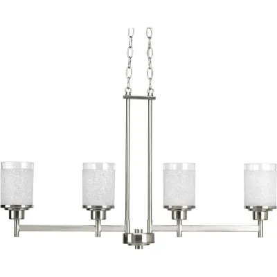 Four-light linear chandelier features a pleasingly simple Brushed Nickel frame while visually interesting textured white linen glass are complemented by a crisp clear edge accent....