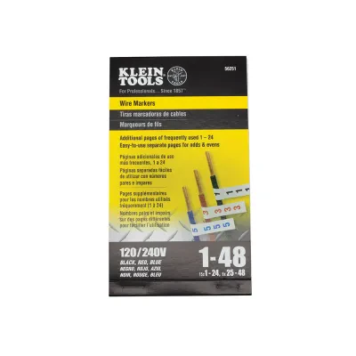 Wire Marker Book, 120/240V 3 Phase 1-48, Numbers printed in the 3 phase colors: black, red and blue