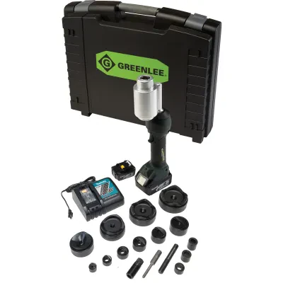 Intelli-PUNCH™ Battery-Hydraulic Knockout Kit with Slug-Buster® 1/2" - 4".  Time Saver maximum cycle time of 8 seconds.  Pressure-sensing technology accurately detects punch comple...
