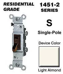 15 Amp, 120 Volt, Toggle Framed Single-Pole AC Quiet Switch, Residential Grade, Grounding, Light Almond