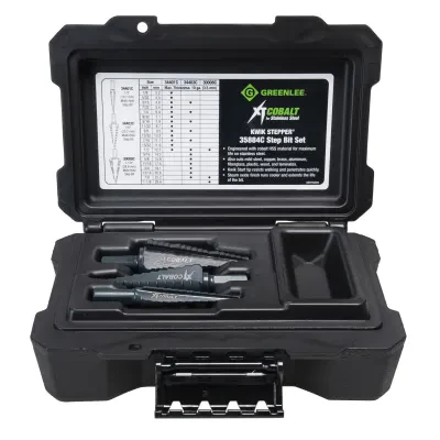 Cobalt Step Bit Kit.  Includes:  #1, #3 & #8 Cobalt Step Bits.  Engineered with Cobalt HSS material, for maximum life in stainless steel.  Also cuts mild steel, sheet metal, copper...