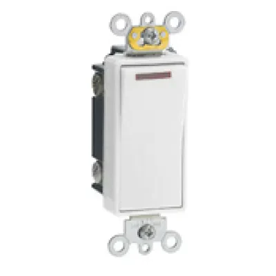 20 Amp, 120 Volt, Decora Plus Rocker Pilot Light, Illuminated On, Req. Neutral Single-Pole AC Quiet Switch, Commercial Grade, Self Grounding, White