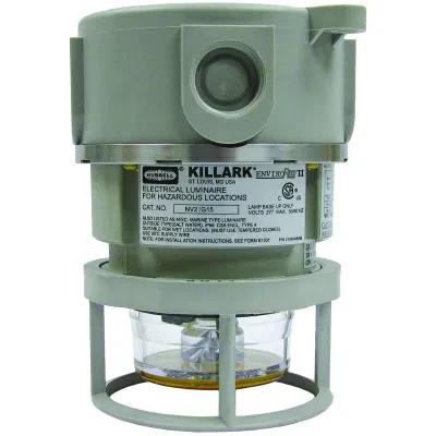 NV2 SERIES - GRAY NON-METALLIC CORROSION RESISTANT COMPACT FLASHING LEDLIGHT FIXTURE (LED INCLUDED) - 3/4 INCH CEILING MOUNT WITH AMBER STROBELIGHT AND GUARD - 120-240VAC AT 50/60H...
