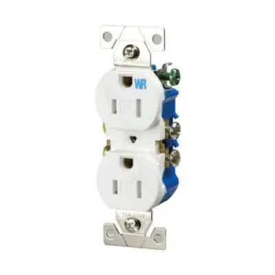 Eaton residential grade duplex receptacle, #14-10 AWG, 15A, Flush, 125V, Side and push, White, Brass, Impact-resistant thermoplastic, 5-15R, Two-pole, Three-wire, Duplex, Screw, Th...