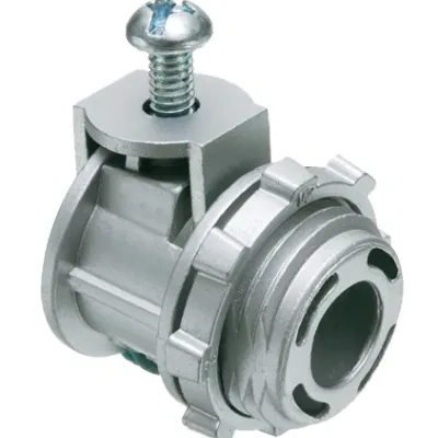 Zinc die-cast, 1/2" knockout saddle-type connector with spring set screw for securing aluminum and steel cable. Secures into knockout with a zinc die-cast. Concrete tight when tape...
