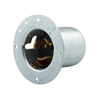Eaton Arrow Hart California standard locking flanged inlet, #10-6 AWG, 50A, Industrial, 125V, Steel, Non-NEMA, Two-pole, Three-wire, Nylon, California standard