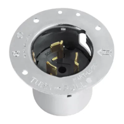 Eaton Arrow Hart California standard locking flanged inlet, #10-6 AWG, 50A, Industrial, 480V, Steel, Non-NEMA, Three-pole, Four-wire, Nylon, California standard