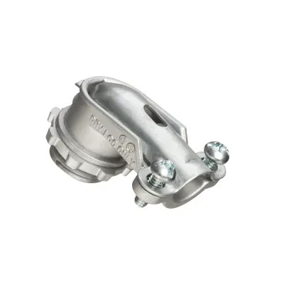 Zinc die-cast, 90 degree 2 screw flex connector for aluminum and steel Flex. Secures into a 1/2" Knockout with a diecast locknut. Accommodates cable range 1.330 to 1.085.