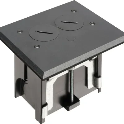 Non Metallic adjustable floor box. Black with threaded plugs. Includes tamper resistant duplex receptacle, cover plate with gasket and Arlington NM94 connector and Arlington NM900...