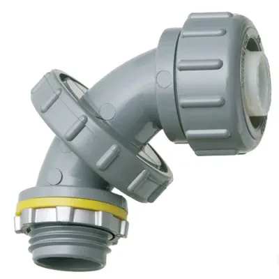 Zero to 90 degree non metallic liquid tight connector for type B only. 1/2" Trade Size. Adjusts for all angles from 0 to 90 degrees by simply loosening the center nut, twist to the...