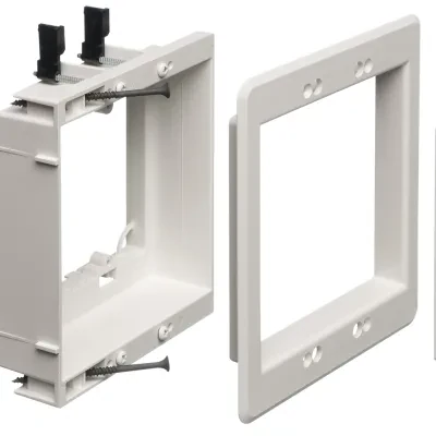 Recessed low voltage mounting bracket for old or new construction. Designed to install low voltage class 2 wiring only. White Paintable. Two gang.