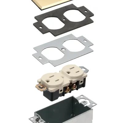 Floor box kit with steel box and metallic cover with threaded plugs. Single Gang. Brass.