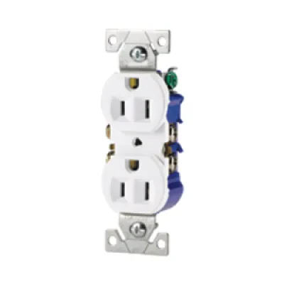 Eaton residential grade duplex receptacle, #14-10 AWG, 15A, Flush, 125V, Side and push, White, Brass, Impact-resistant thermoplastic, 5-15R, Two-pole, Three-wire, Duplex, Screw, Th...