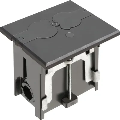 Non Metallic adjustable floor box. Black with flip lids. Includes tamper resistant duplex receptacle, cover plate with gasket and Arlington NM94 connector and Arlington NM900 knock...