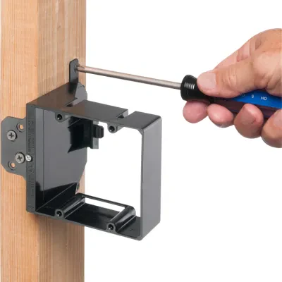 Low Voltage mounting bracket, two gang for installation on new construction for class 2 wiring only. Adjusts up to an 1-1/2" for when wall thickness is unknown.