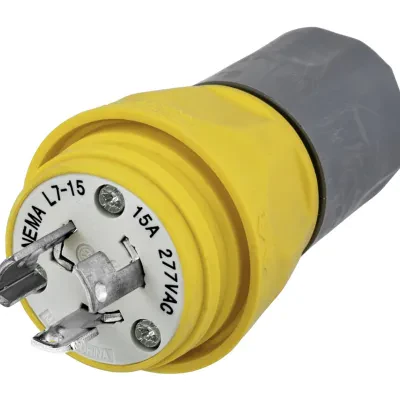 Watertight Devices, Locking Devices, Elastomeric, Male Plug, 15A 250V, 2-Pole 3-Wire Grounding, L6-15P, Screw Terminal, Yellow, Water/Dust-Tight Housing