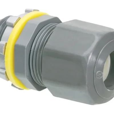 Low-profile non-metallic, liquid-tight, oil-tight, and gray strain relief cord connector furnished with a sealing ring and locknut. Supports .100 to .300 cord range with a 1/2 inch...