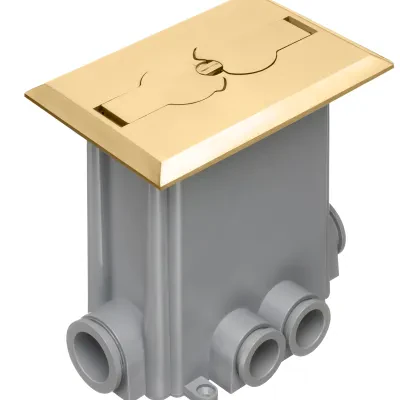 Metallic concrete floor box with non metallic covers for new concrete pours. Brass with flip lids. Includes Box, Mud Cover, Four 3-1/4 plugs, two 1" plugs, 1/8" spacer 1/4" spacer....