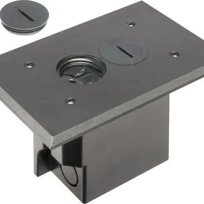 Non Metallic Box with non metallic covers for existing floors. Rectangular gasketed, non metallic black cover with threaded plugs.