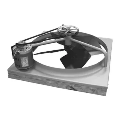 36 IN Belt Drive Wholehouse Fan, Flow Rate- 6400/9675 CFM, 120 V, 1 PH, 3.1/6.3 AMP, Fan Speed- 265/395 RPM, Attic Mounting, AC Motor, 1/3 HP, Dimensions- 40 Length X 41.5 Width X...