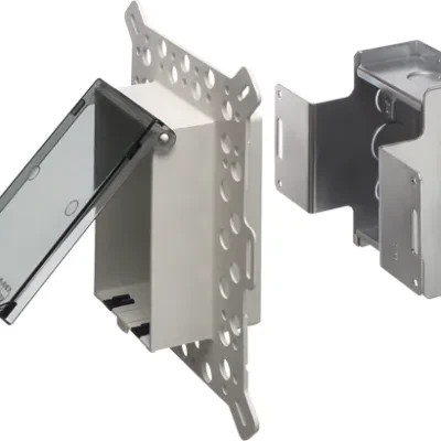 Low Profile Inbox with metal box for new construction for stucco, textured and rigid siding. Vertical with weatherproof while in use. Extra Duty clear cover.