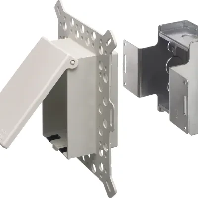 Low Profile Inbox with metal box for new construction for stucco, textured and rigid siding. Vertical with weatherproof while in use. Extra Duty white paintable cover.