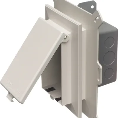 Low profile Inbox for new vinyl siding construction. Vertical with weatherproof while in use Extra Duty white paintable cover.